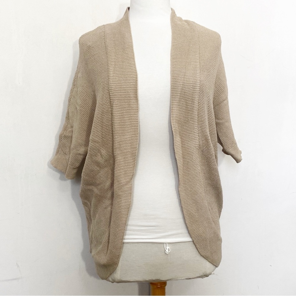 Women's Tan Open-Front Cocoon Style Short Sleeve Textured Knit Sweater S